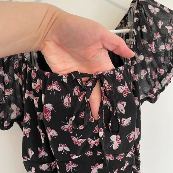 ULTRA FLIRT Black Burgundy Butterfly Print Mesh Tie Neck Y2K Ruched Mini Dress M - Picture 9 of 15